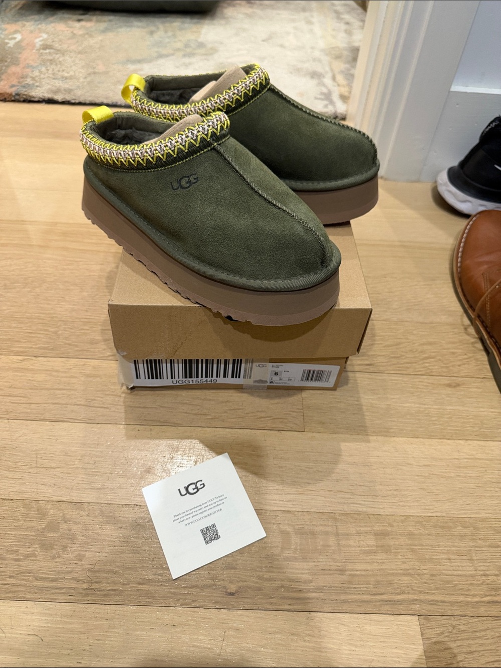 UGG Olive Green Suede Slip-On Clog with Yellow Trim